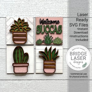 Succulent Four Squares Laser Cut Files, Succulent 4 Square Interchangeable Leaning Sign Bundle SVG, Succulent Pots Welcome Succas Laser Cut