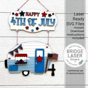 Patriotic Door Hanger Laser File, 4th of July Camper Laser Cut Design SVG, Summer Camper Sign Laser File, Independence Day Welcome  Sign SVG