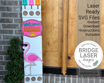 Summer Flamingo Porch Leaner Sign Laser Cut File, Summer Interchangeable Porch Sign SVG, Holiday Porch Leaner Laser Cut Interchangeable Sign