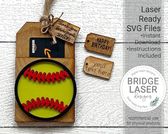 Softball Gift Card Holder Laser File, Gift Birthday Card Holder SVG, Softball Tag Laser File, Softball Coach Gift Card SVG,Personalized Gift