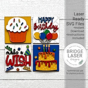 Geburtstag vier quadratische Laser Cut-Dateien, Geburtstag austauschbare lehnende Zeichen Bundle SVG, Geburtstagskuchen Ballon Cupcake austauschbare Laser