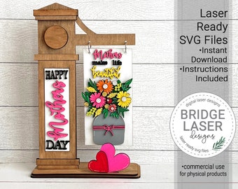Mother's Day Interchangeable Post Sign Laser Cut File, Flowers SVG, Mother's Day Flowers Vase Hearts, Mother's Day Post Laser Cut SVG