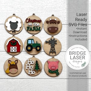 Farm Christmas Ornament Laser File, Christmas Ornament SVG, Cow Tractor Barn Horse, Christmas Laser Cut File, Farm Christmas Laser SVG