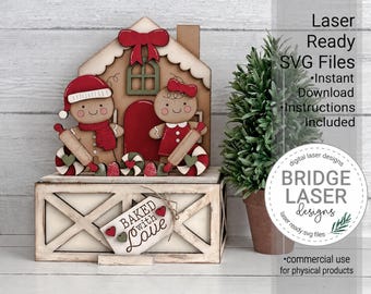 Gingerbread Shelf Sitter SVG Laser Cut File, Christmas Gingerbread Crate & Trunk Interchangeable, Digital Download