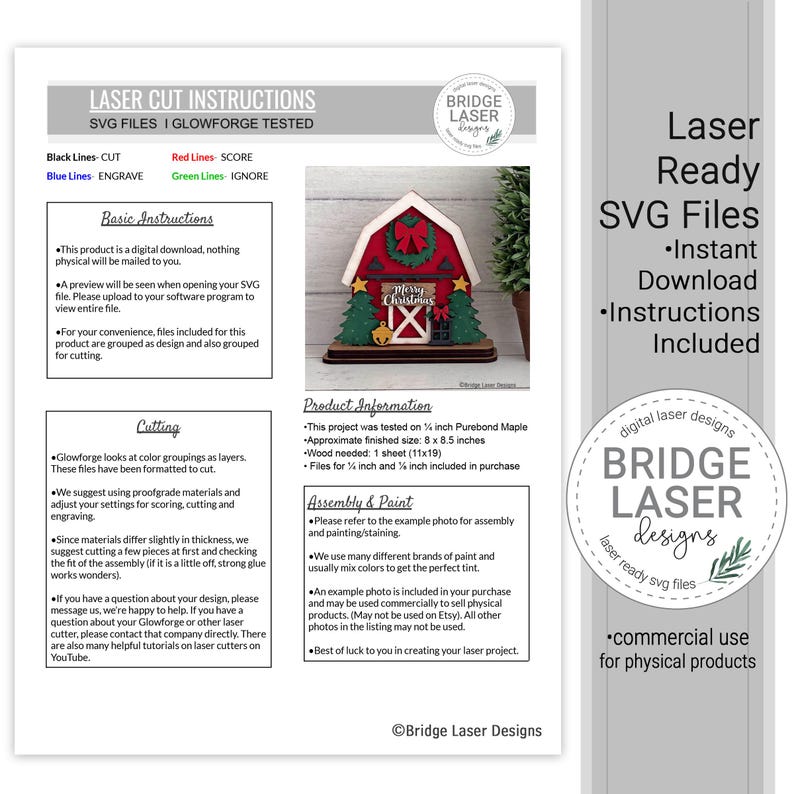 May include: A digital instruction sheet for laser cut SVG files featuring a red barn-shaped Christmas decoration with a wreath, green trees, and the text Merry Christmas. The document includes sections for basic instructions, cutting, and assembly.