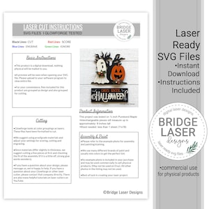 May include: Laser-ready SVG files for Halloween decor. The image shows a wooden ghost and pumpkin with the text "Days Until Halloween." Includes instructions and is designed for commercial use.