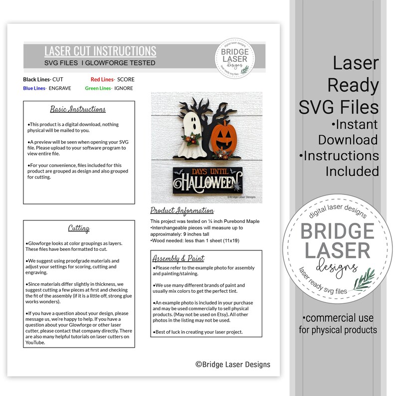 May include: Laser-ready SVG files for Halloween decor. The image shows a wooden ghost and pumpkin with the text "Days Until Halloween." Includes instructions and is designed for commercial use.
