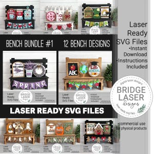 Könnte beinhalten: Eine Sammlung von 12 laserfertigen SVG-Dateien für Miniatur-Bankdesigns. Jede Bank verfügt über dekorative Elemente wie saisonale Themen, Banner und Schilder. Die Bänke sind aus Holz gefertigt und für den kommerziellen Gebrauch geeignet.