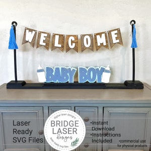 Lasergesneden bestanden babyshower, verwisselbare banner en standaard SVG babyshower, banner welkom babyjongen en verwisselbaar bord SVG