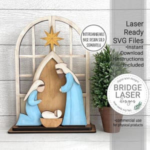 Laserskurna filer för julkrubba, laserskärning för jultrio-hylla med svärd, laserfil för Glowforge Xtool och Lightburn, laserfil för julkrubba