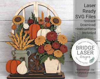 Fall Shelf Sitter SVG Laser Cut File, Fall Mums Trio Stand, Interchangeable Fall Laser File, Digital Download