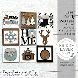 Farmhouse Christmas Laser Cut Files, Christmas Interchangeable Sign File SVG, Christmas Tiered Tray Laser Files, Christmas Squares Laser SVG