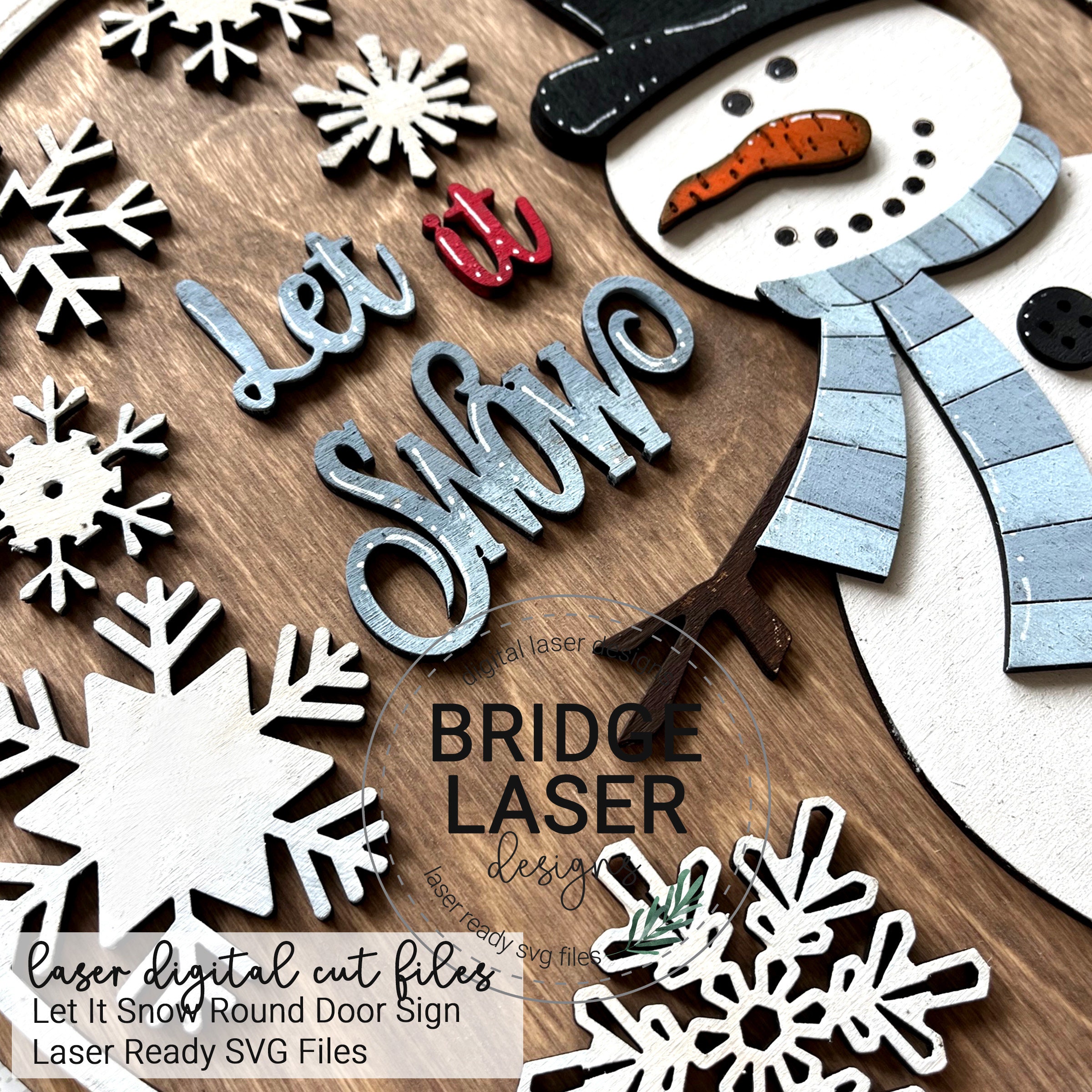 Let It Snow Door Hanger Laser Cut File, Snowman Door Round SVG, Laser ...