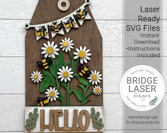 Summer Bee Door Hanger Sign Laser Cut File, Bee Flowers Interchangeable Door Hanger SVG, Summer Porch Sign Laser Cut Interchangeable Sign