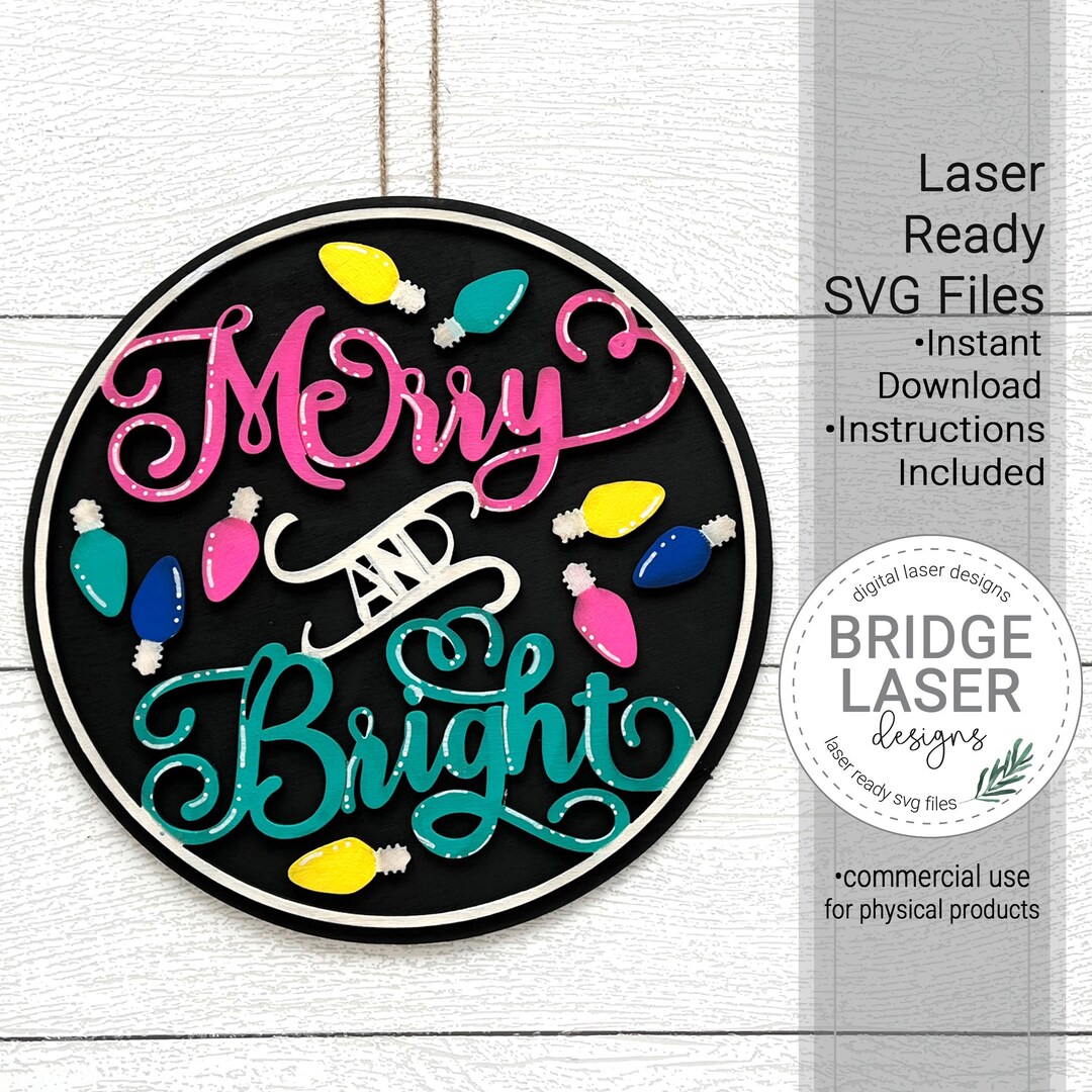 Christmas Door Hanger Laser Cut File, Merry and Bright Door Round SVG ...