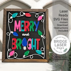 Christmas Laser Cut File, Christmas Merry and Bright SVG, Christmas Lights,  Christmas Sign Laser Cut File, Christmas Glowforge Laser Design