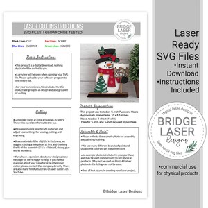 K&ouml;nnte beinhalten: Ein digitales Anleitungsblatt f&uuml;r Laser-Schnitt-SVG-Dateien mit einem Schneemann, der ein Schild mit der Aufschrift Let it Snow h&auml;lt. Das Dokument enth&auml;lt Abschnitte zu Anweisungen, Schnitt und Montage, mit einer Gr&ouml;&szlig;e von 25,4 x 21,6 cm.
