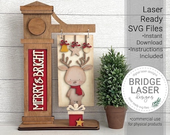 Reindeer Laser Cut File, Christmas Post Interchangeable Sign SVG, Christmas Welcome Sign SVG, Reindeer Sign Laser File, Merry and Bright SVG