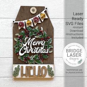Kerstkrans deurhanger teken lasergesneden bestand, kerst verwisselbare deurhanger SVG, kerst verwisselbare veranda bord lasergesneden