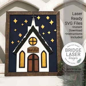 Archivo de corte láser de la iglesia de Navidad, marco de Navidad SVG, noche silenciosa de la iglesia de Navidad, diseño láser Glowforge, archivo de corte láser SVG de Navidad