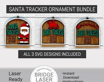 Santa Tracker Ornament Bundle Laser Cut File, Santa Tracker Christmas Ornament SVG, Christmas Santa Tracker QR Scan Code Laser Cut File SVG