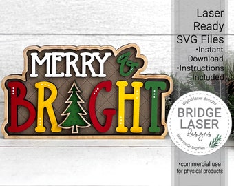 File laser Merry And Bright Shelf Sitter, File laser di Natale, Winter Shelf Sitter SVG, File laser Christmas Shelf Sitter, Merry & Bright