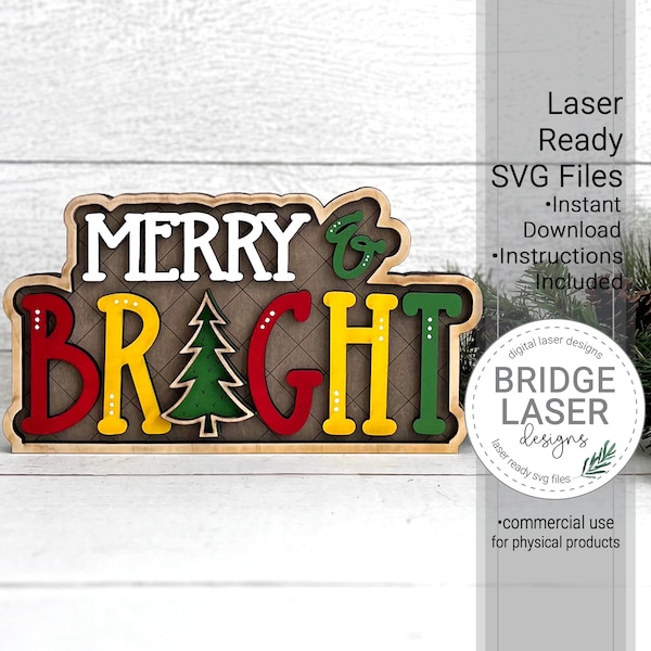 Merry And Bright Shelf Sitter Laser File, Christmas Laser File, Winter Shelf Sitter SVG, Christmas Shelf Sitter Laser File, Merry & Bright