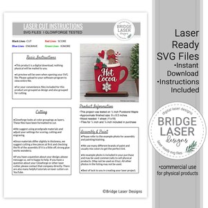 May include: A digital instruction sheet for laser cut SVG files featuring a red hot cocoa mug cutout with a gingerbread man, candy cane, and snowflake. The document includes text headers, cutting guidelines, and assembly information for the project.