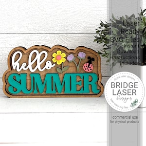 May include: A wooden sign with the words "hello summer" in white lettering on a teal background. The sign is decorated with flowers and a ladybug.