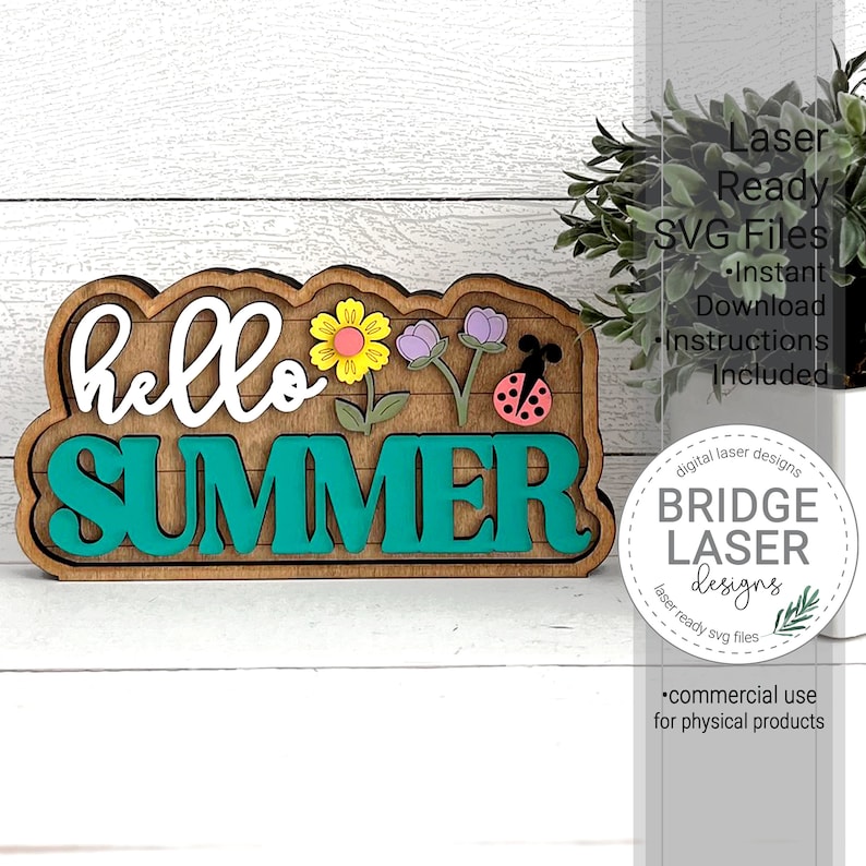 May include: A wooden sign with the words "hello summer" in white lettering on a teal background. The sign is decorated with flowers and a ladybug.