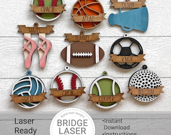 Sports Ornament Laser File, Sports Ornament Bundle SVG, Personalized Sports Ornament, Football Basketball Cheer Volleyball Baseball Softball