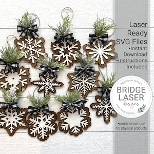 Pacote de enfeites de Natal Arquivo de corte a laser, Ornamento de floco de neve de Natal SVG, Ornamento de floco de neve, Design a laser Glowforge, SVG a laser de Natal