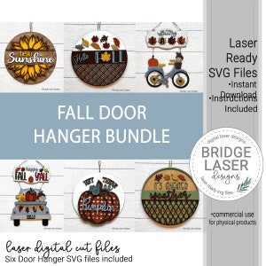 Fall Door Hanger Laser File Bundle, Autumn Laser Cut Design SVG Fall Welcome Sign Laser Cut, Bike Farm Truck  Sunflower Round Door Hanger
