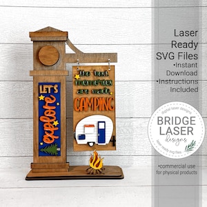 Camping intercambiable Post Sign Archivo de corte láser, Summer Camping SVG, Retro Camper File Tree, Summer Sign Post Laser Cut SVG