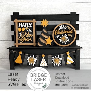 Arquivo de corte a laser de ano novo, placa de banco intercambiável de ano novo, arquivo a laser de ano novo, SVG a laser de feliz ano novo, ano novo intercambiável