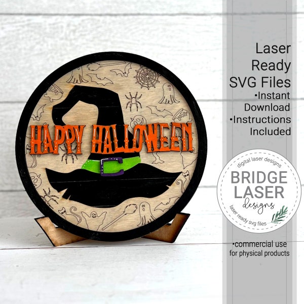 Halloween Laser Cut File, Round Halloween Sign, Fall Witch's Hat Sign & Stand Laser File, Fall Sign, Fall Shelf Sitter Laser SVG, Halloween