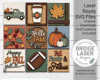 Fall Autumn Laser Cut Designs, Fall Football Interchangeable Leaning Sign Bundle File SVG, Tiered Tray Fall SVG, Fall Nine Squares