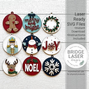 Arquivo a laser de enfeite de Natal, Pacote de enfeites de Natal SVG, Quebra-nozes, Boneco de neve, Rena, Design de laser de Natal, SVG de laser de Natal,