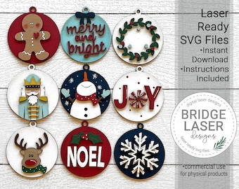 クリスマス オーナメント レーザー ファイル、クリスマス オーナメント バンドル SVG、くるみ割り人形、雪だるま、トナカイ、クリスマス レーザー デザイン、クリスマス レーザー SVG、