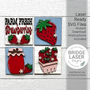 May include: Four laser-cut wood signs with a strawberry theme. The signs feature the text "FARM FRESH Strawberries", a single strawberry, a jar of strawberry jam, and a basket of strawberries. The signs are designed for crafting and are ready to be assembled.