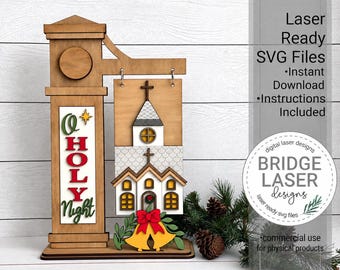 May include: A wooden laser-cut sign featuring a vertical post with the text O HOLY NIGHT and a hanging panel depicting a church with a steeple, yellow windows, and two yellow bells with a red bow, designed for digital laser cutting projects.