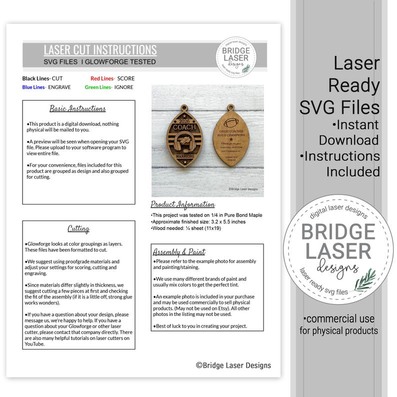 May include: A digital instruction sheet for laser cut SVG files featuring a football-shaped wooden ornament design. The document includes basic instructions, cutting guidelines, and assembly tips for a 3.2 by 5.5 inch finished product.