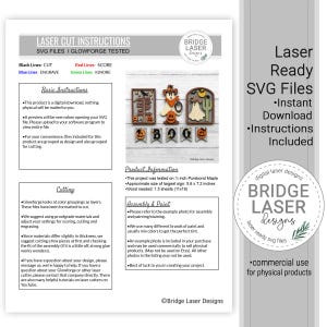 May include: A digital instruction sheet for laser cut Halloween-themed wooden signs. The document includes SVG file guidelines, color-coded cutting instructions, assembly tips, and a preview of finished ghost, pumpkin, and sign designs.
