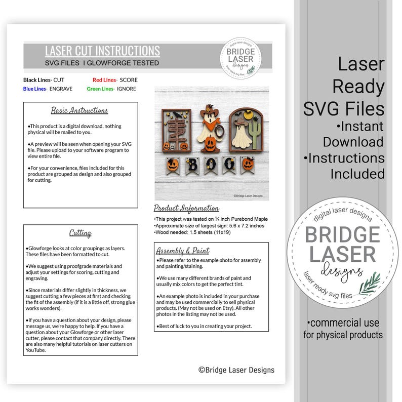 May include: A digital instruction sheet for laser cut Halloween-themed wooden signs. The document includes SVG file guidelines, color-coded cutting instructions, assembly tips, and a preview of finished ghost, pumpkin, and sign designs.