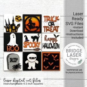 File tagliati al laser di Halloween, pacchetto di segni pendenti di Halloween Squares, file laser di Halloween, Halloween Laser SVG, fantasma strega mummia, download