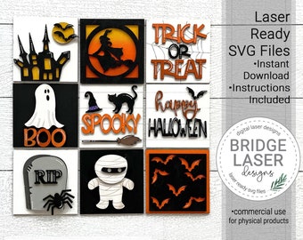 Halloween Laser Cut Files, Halloween Squares Leaning Sign Bundle, Halloween Laser Files, Halloween Laser SVG, Mummy Witch Ghost, Download