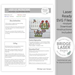 K&ouml;nnte beinhalten: Ein digitales Anleitungsblatt f&uuml;r Laser-Schnitt-SVG-Dateien mit einem wei&szlig;en Lattenzaun, bunten Blumen und Gartenelementen. Das Dokument enth&auml;lt Text&uuml;berschriften wie Laser Cut Instructions, Basic Instructions, Cutting und Product Information.