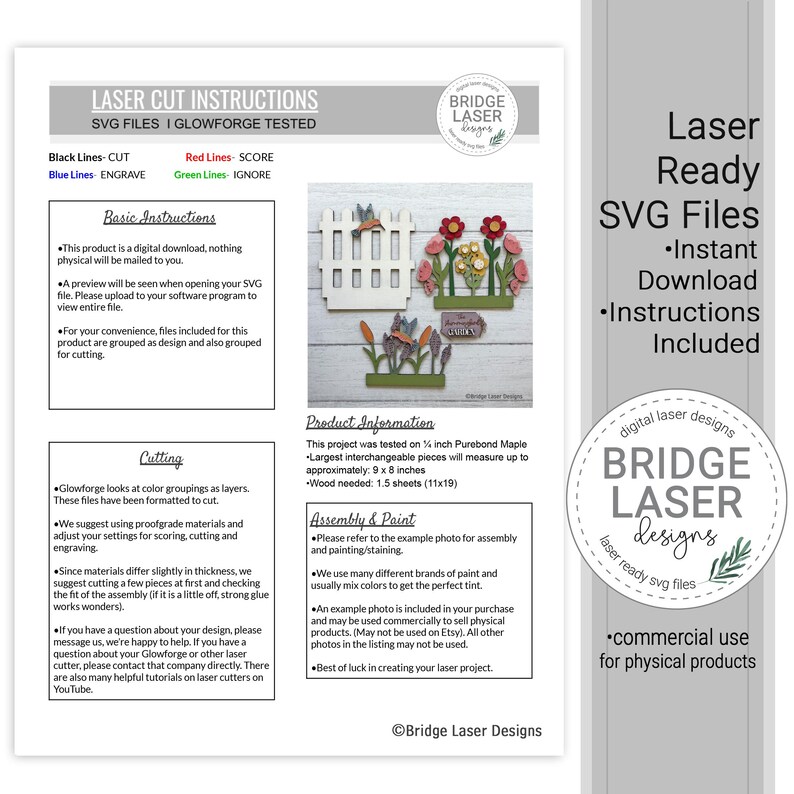 K&ouml;nnte beinhalten: Ein digitales Anleitungsblatt f&uuml;r Laser-Schnitt-SVG-Dateien mit einem wei&szlig;en Lattenzaun, bunten Blumen und Gartenelementen. Das Dokument enth&auml;lt Text&uuml;berschriften wie Laser Cut Instructions, Basic Instructions, Cutting und Product Information.