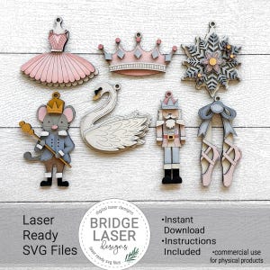 May include: Wooden laser-cut ornaments in a ballet theme. Includes a ballerina dress, crown, snowflake, mouse king, swan, nutcracker, and ballet shoes. The ornaments are painted in pastel colors and are ready for laser cutting. The text "Laser Ready SVG Files" is also visible.