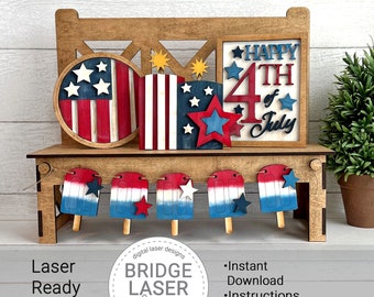 4. Juli Laser Cut Datei, 4. Juli austauschbare Bank Schilder, Vaterländische Bankschilder SVG, Feiertage austauschbare SVG, Flaggen Laserdatei